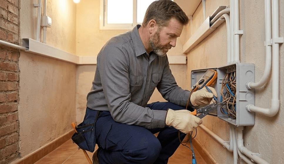 electricista realizando un arreglo o reparación de sistema eléctrico