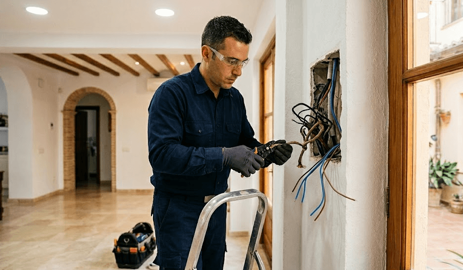 electricista cambiando cableado eléctrico de una vivienda
