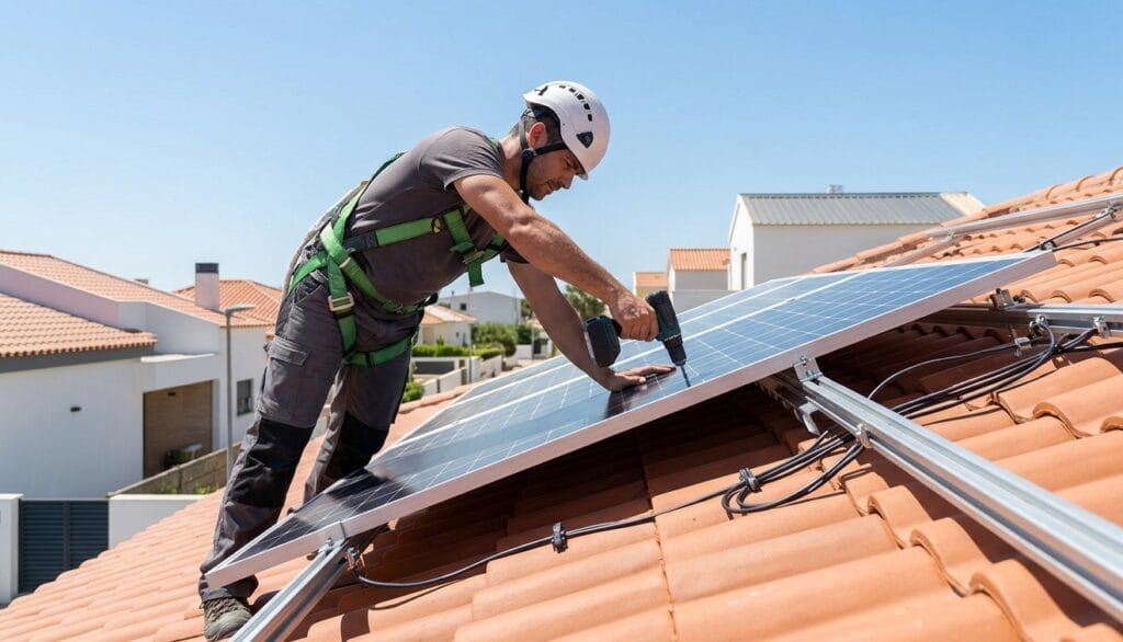 electricista instalando placas solares en tejado de vivienda